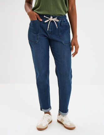 Jeans droit cropped taille &eacute;lastiqu&eacute;e bleu femme