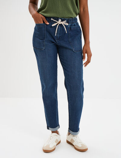 Jeans droit cropped taille &eacute;lastiqu&eacute;e bleu femme