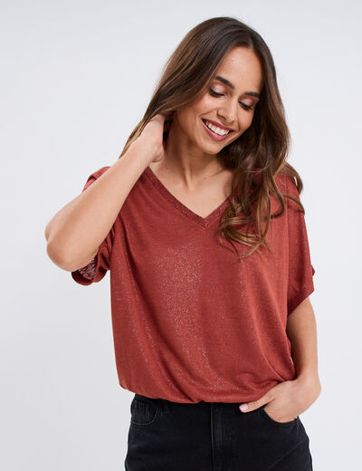 T-shirt épaules ouvertes col en V marron cognac femme