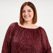 Blouse &agrave; sequins col bardot manches 3/4 rouge fonc&eacute; femme grande taille