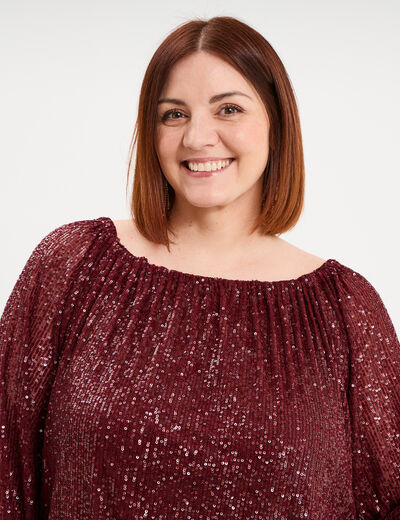 Blouse &agrave; sequins col bardot manches 3/4 rouge fonc&eacute; femme grande taille