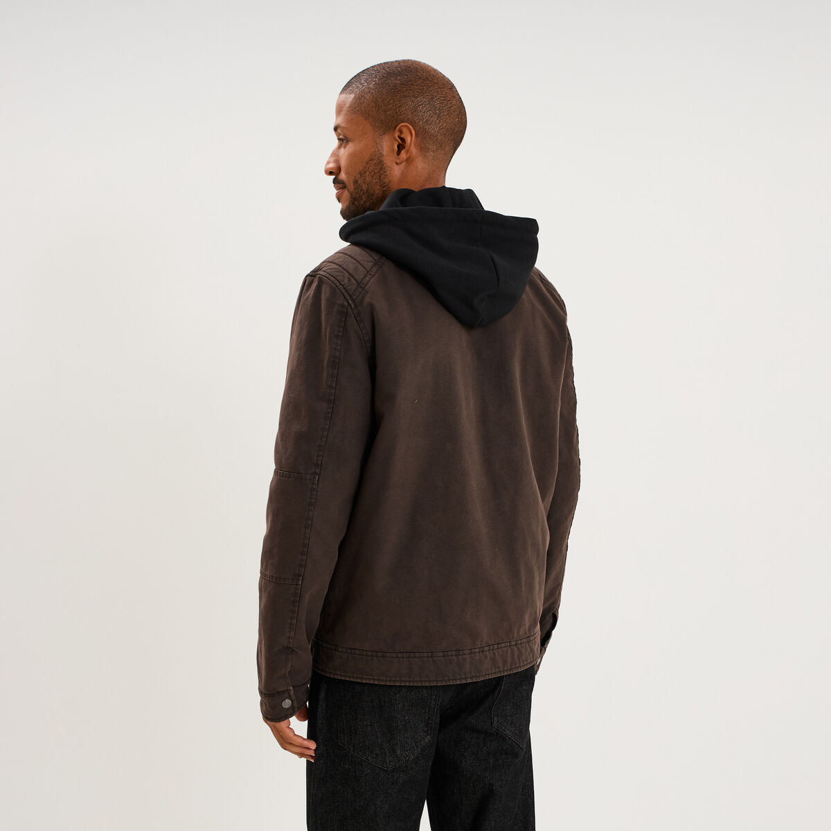 Veste doubl&eacute;e capuche amovible en coton marron fonc&eacute; homme