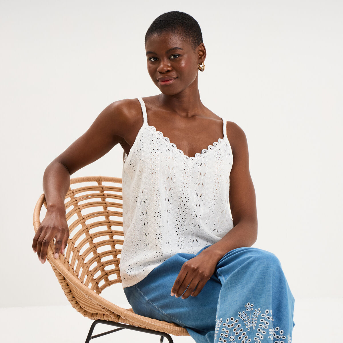 D&eacute;bardeur broderie anglaise blanc femme