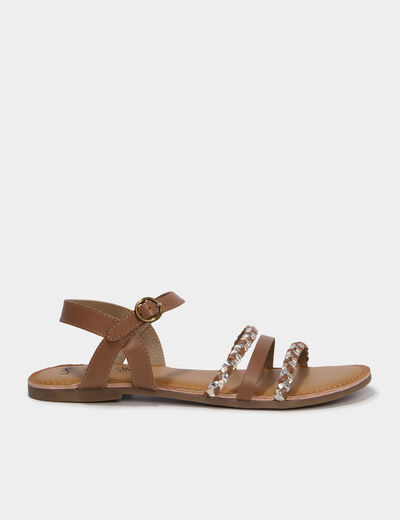 Sandales plates tr&eacute;ss&eacute;es en cuir marron femme