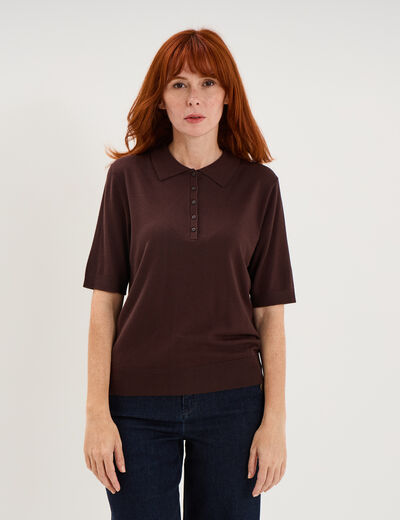 Pull col polo manches courtes marron fonc&eacute; femme