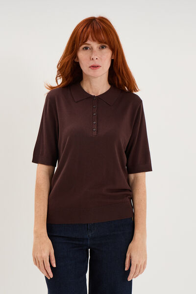 Pull col polo manches courtes marron fonc&eacute; femme