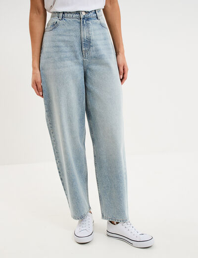 Jean balloon taille haute cropped coton bleu gris femme