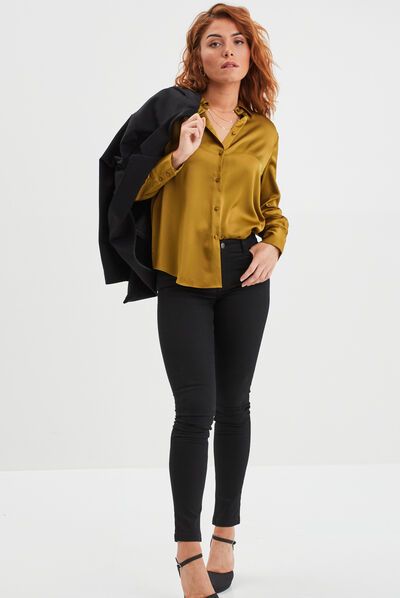 Chemise satin manches longues vert olive femme