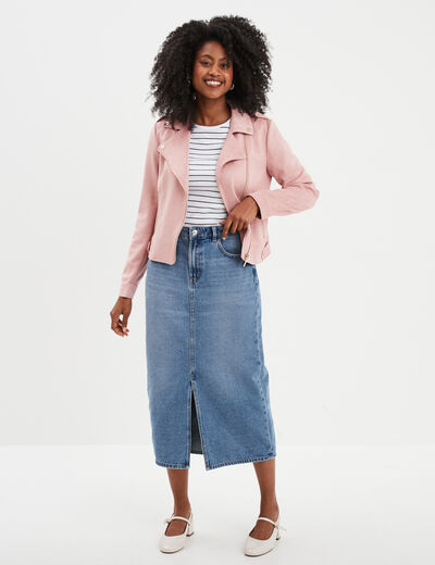 Veste courte esprit biker effet suédine mauve femme
