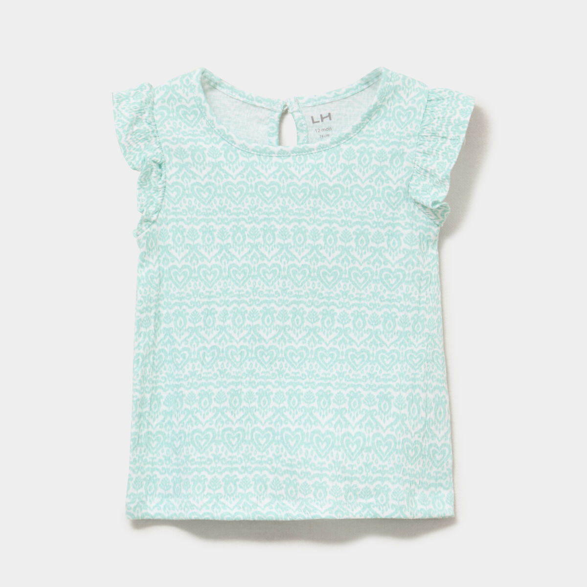 T-shirt relief&eacute; manches volants coton vert pastel b&eacute;b&eacute; fille