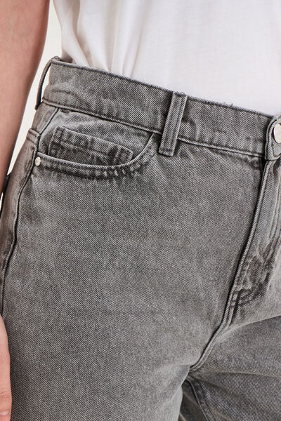 Jeans mom cropped taille haute denim gris clair femme