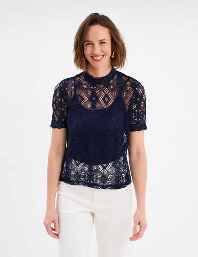 T-shirt dentelle manches courtes bleu marine femme