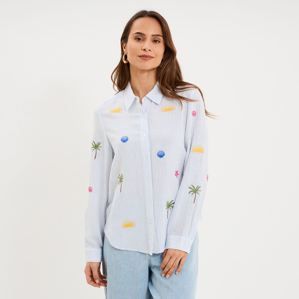 Chemise brod&eacute;e manches longues blanc femme