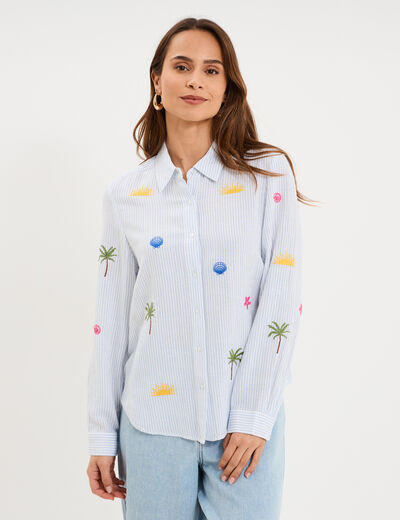 Chemise brod&eacute;e manches longues blanc femme