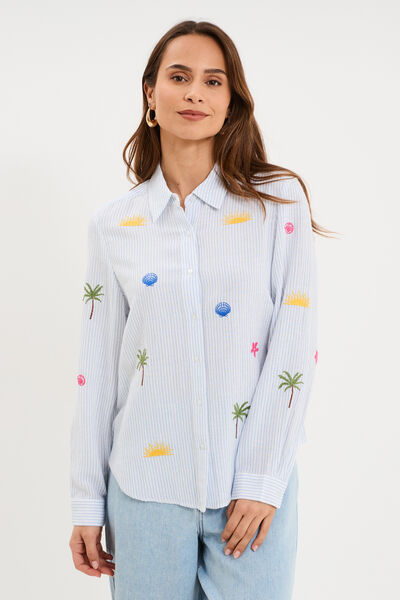 Chemise brod&eacute;e manches longues blanc femme