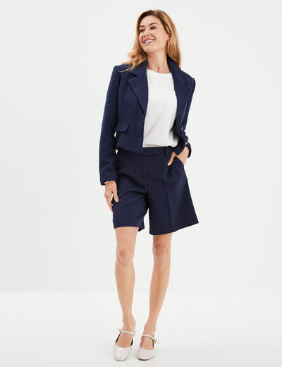 Veste courte tweed col tailleur bleu marine femme