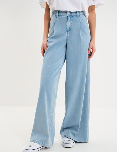 Jeans wide leg &agrave; pinces denim triple stone femme