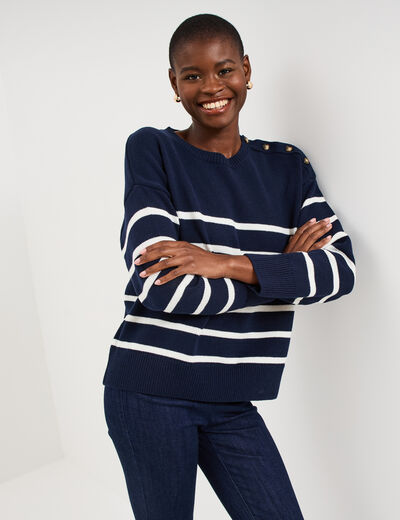 Pull marini&egrave;re boutons &eacute;paule bleu marine femme