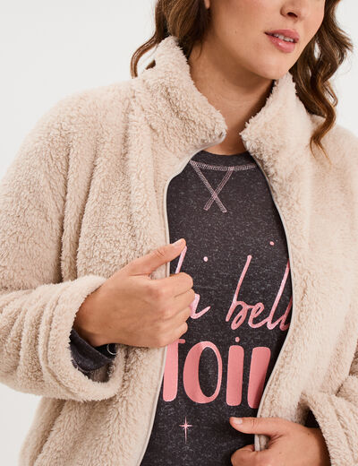 Veste de pyjama effet polaire zipp&eacute;e gris clair femme grande taille