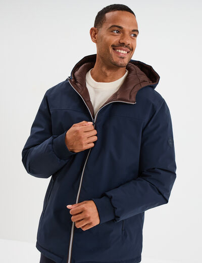 Blouson r&eacute;versible &agrave; capuche zipp&eacute; bleu marine homme
