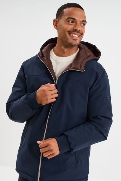 Blouson r&eacute;versible &agrave; capuche zipp&eacute; bleu marine homme