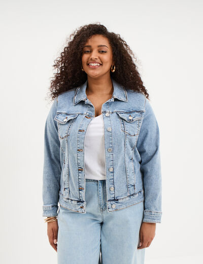 Veste courte en jean boutonn&eacute;e denim double stone femme grande taille
