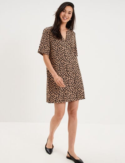 Robe courte col en V manches courtes beige clair femme