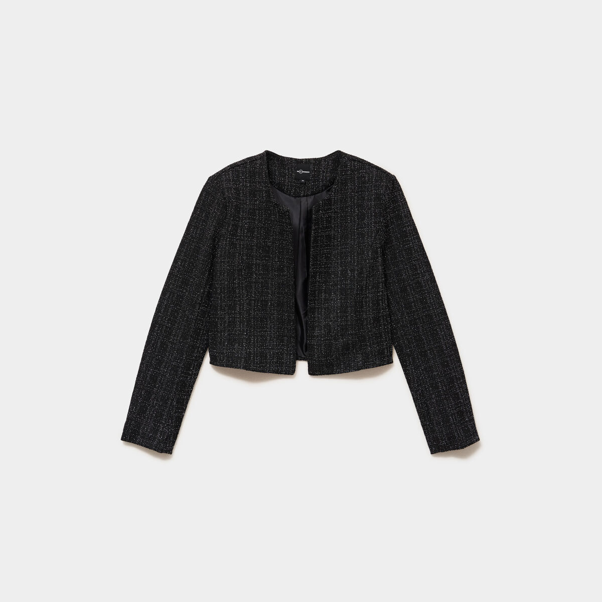 Veste bol&eacute;ro tweed manches longues noir femme