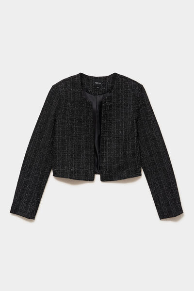 Veste bol&eacute;ro tweed manches longues noir femme