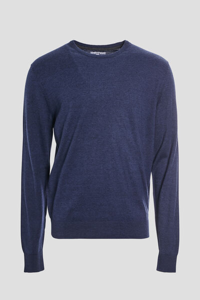 Pull droit col rond coton m&eacute;lang&eacute; bleu fonc&eacute; homme