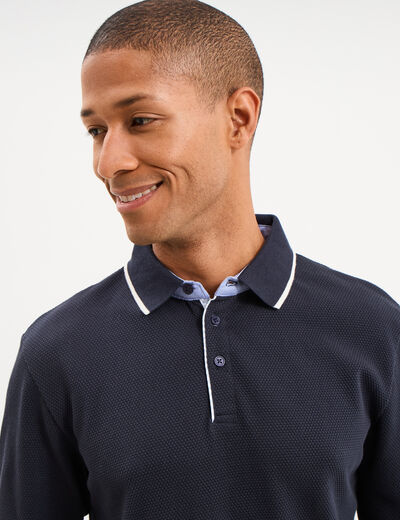 Polo piqu&eacute; droit manches longues coton bleu fonc&eacute; homme