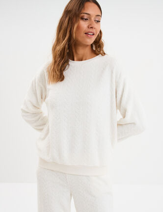 Haut de pyjama sweat polaire torsad&eacute; blanc femme
