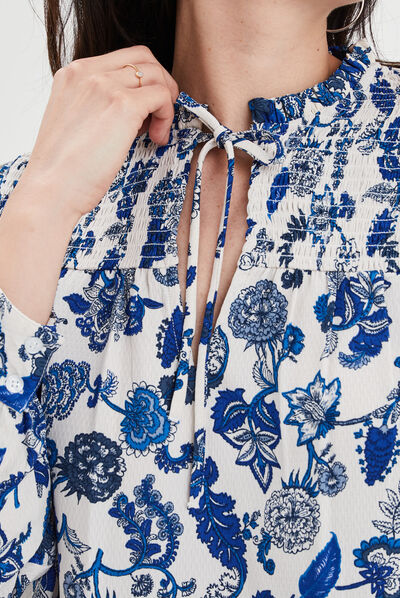 Blouse col à cordons épaules smockées ecru femme
