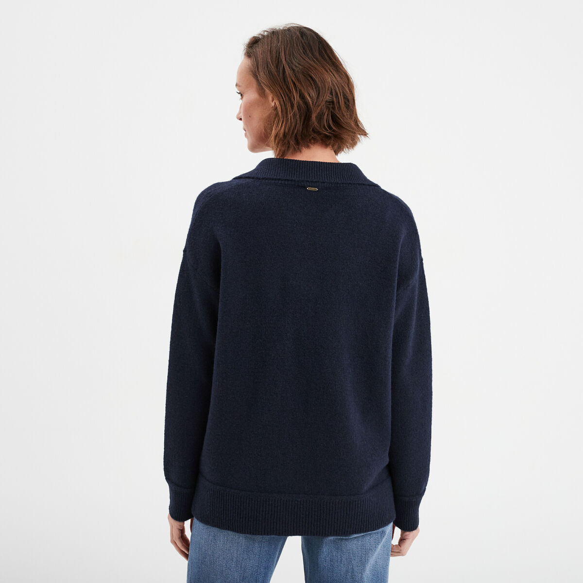 Pull col polo manches longues Creeks bleu fonc&eacute; femme
