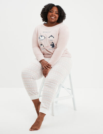 Ensemble pyjama effet velours 2 pièces rose clair femme grande taille