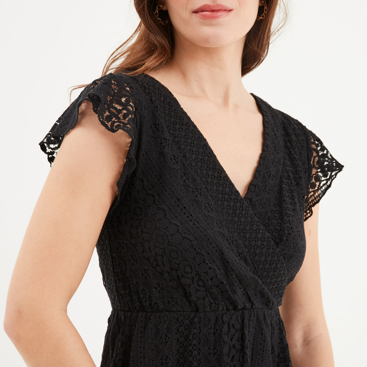 Robe longueur genou dentelle &eacute;vas&eacute;e noir femme