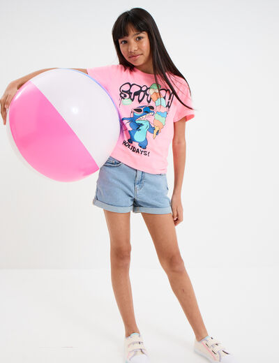 T-shirt manches courtes Stitch rose fluo fille