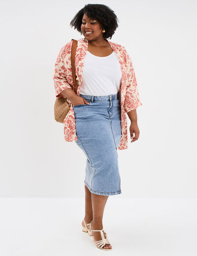 Veste esprit kimono fluide ceinturée ecru femme grande taille