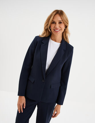 Veste blazer droite manches longues bleu fonc&eacute; femme