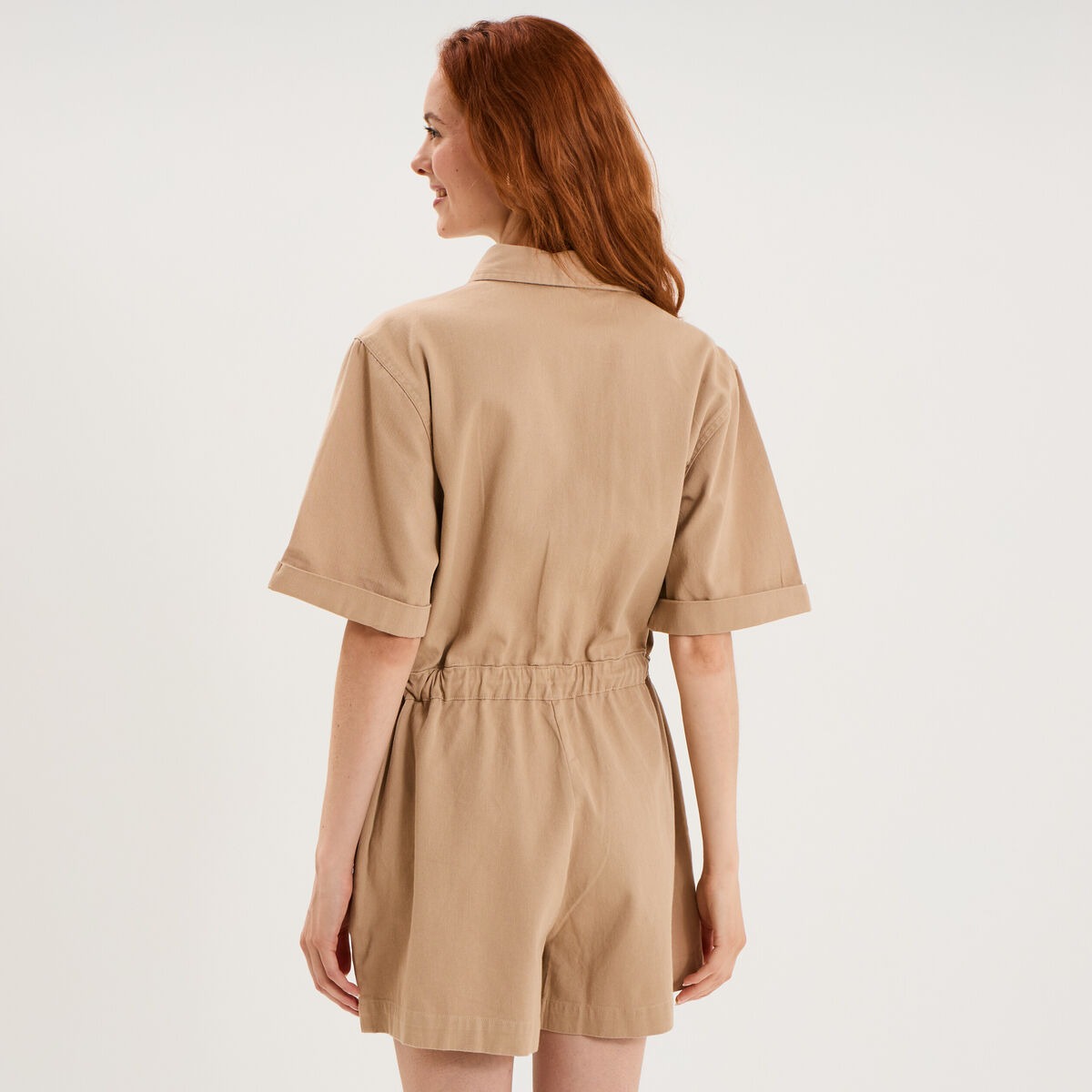 Combishort taille &agrave; coulisse coton sable femme