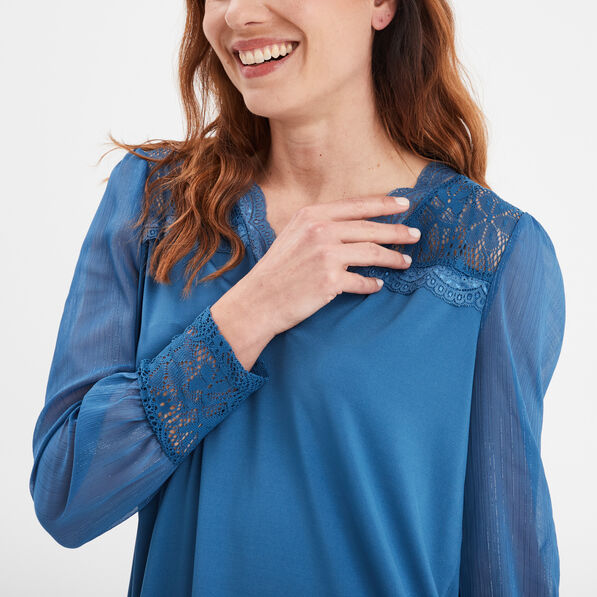 Blouse col en V détails dentelle bleu foncé femme