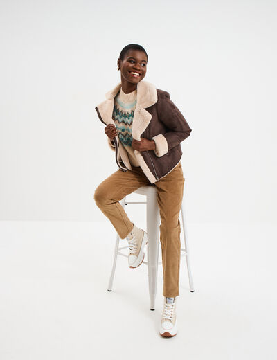 Veste col aviateur zipp&eacute;e doubl&eacute;e marron fonc&eacute; femme