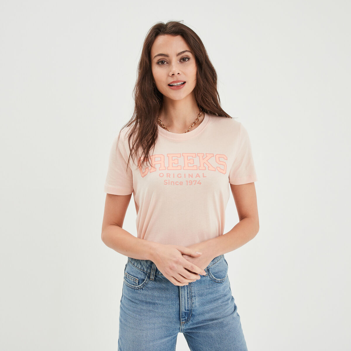 T-shirt oversize col rond coton Creeks orange corail femme