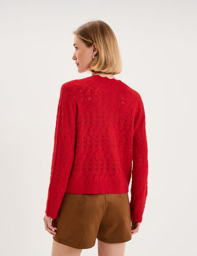 Gilet col V maille ajour&eacute;e boutonn&eacute; rouge femme