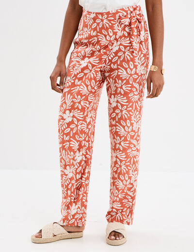 Pantalon avec pan noué mélange lin terracotta femme
