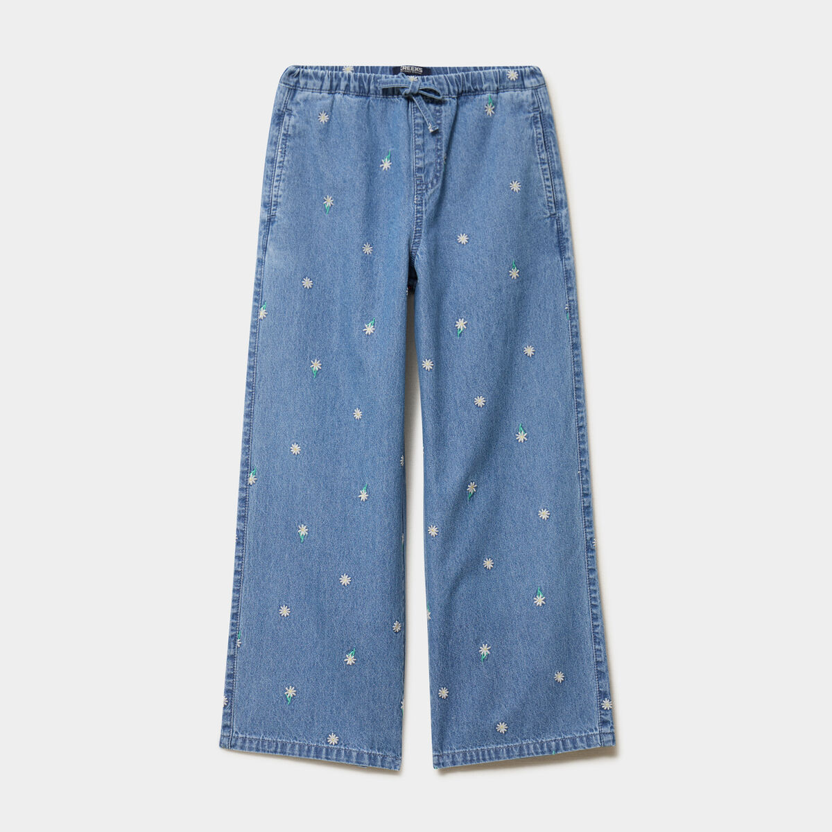 Jean large brod&eacute; taille &eacute;lastiqu&eacute;e denim double stone fille