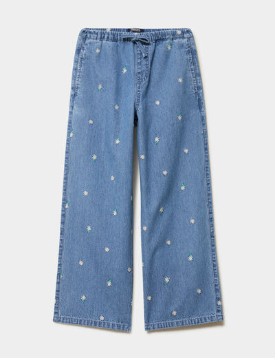 Jean large brod&eacute; taille &eacute;lastiqu&eacute;e denim double stone fille