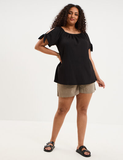T-shirt gaufr&eacute; avec manches &agrave; noeuds noir femme grande taille