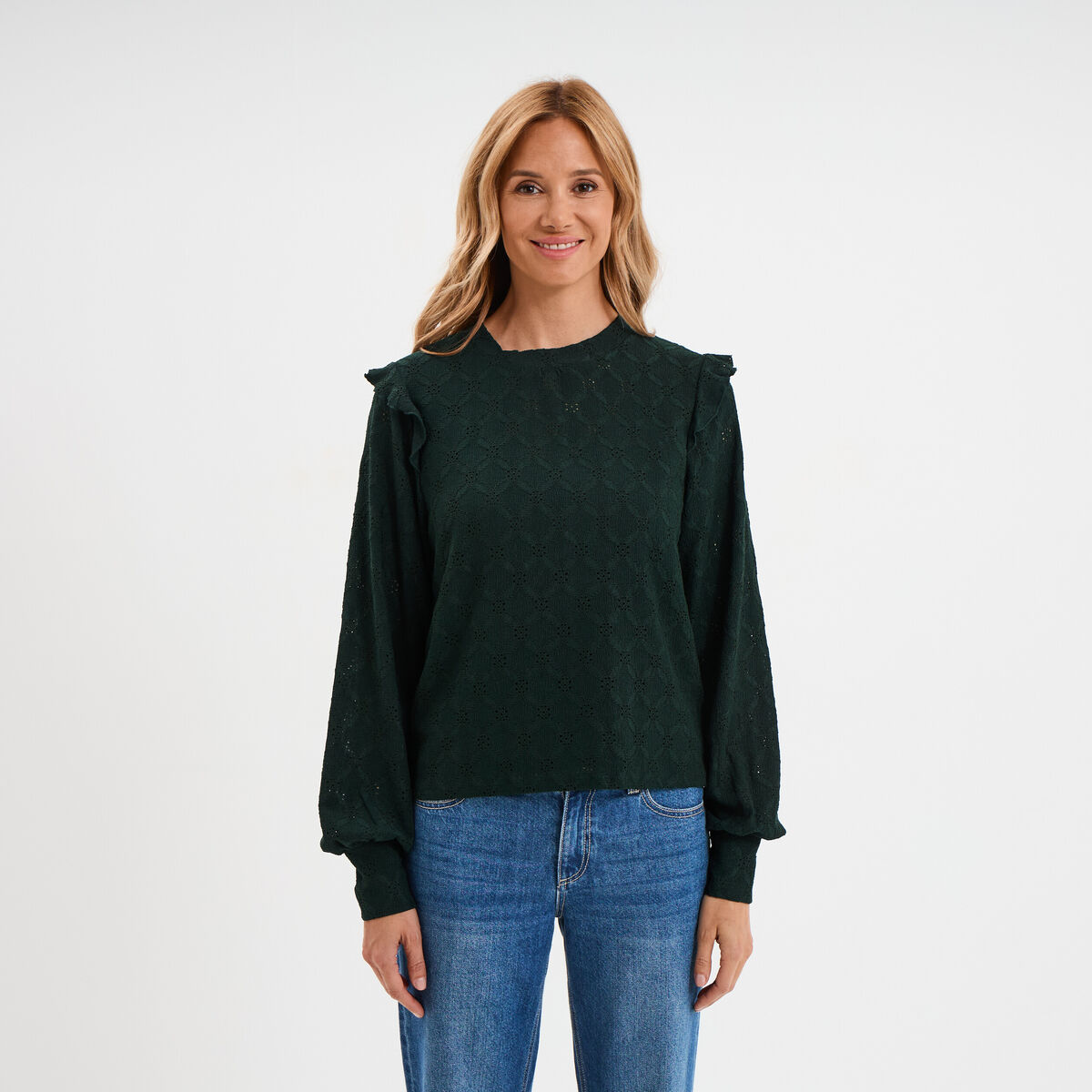 Blouse détails ajourés et volants vert foncé femme