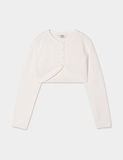 Gilet court col bord festonné coton ivoire fille